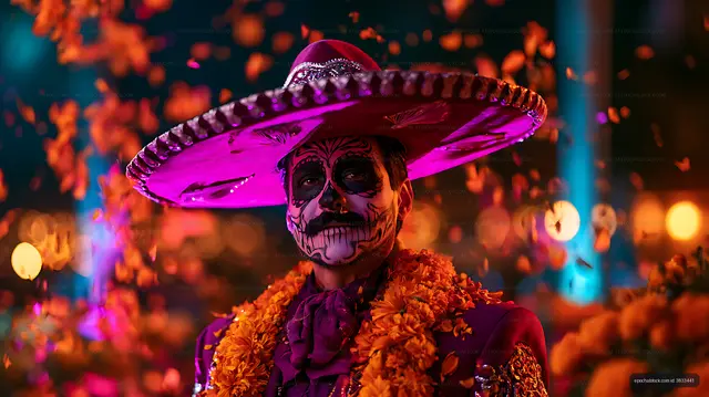 Person wearing skull makeup, sombrero, and orange flower garlands