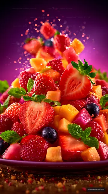 Fresh colorful fruit salad with berries, mango, and mint