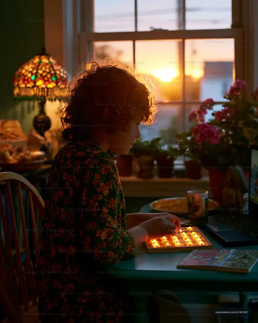 Candlelit home table with sunset window and one person