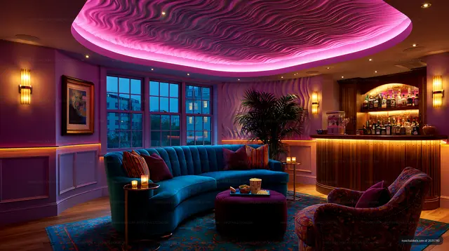 Dramatic colorful lounge interior with illuminated cocktail bar