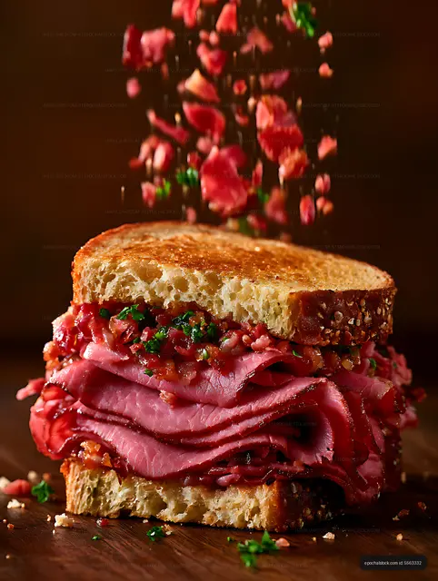 Close-up gourmet sandwich layered with deli meat and toppings