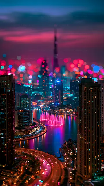 Neon-lit urban skyline with waterfront fountain