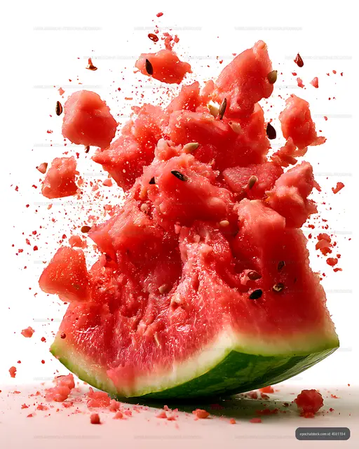Exploding watermelon wedge with scattered seeds
