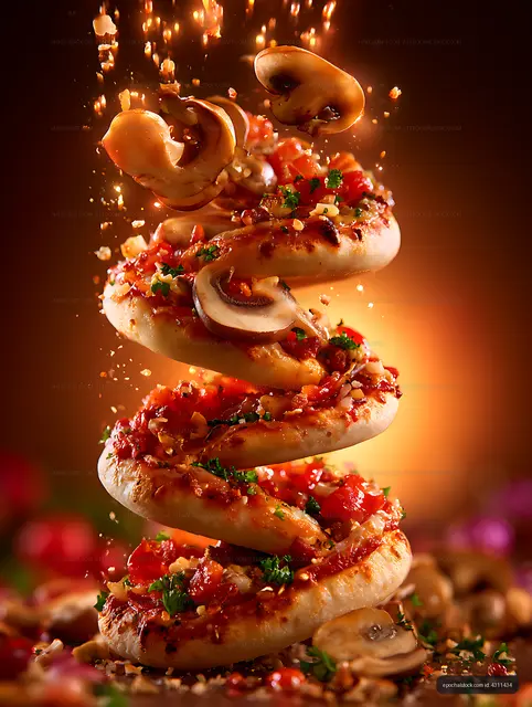 Dramatic spiral pastry with mushrooms, tomatoes, and herbs