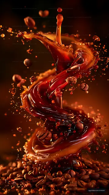 Coffee splash with beans in dramatic warm light