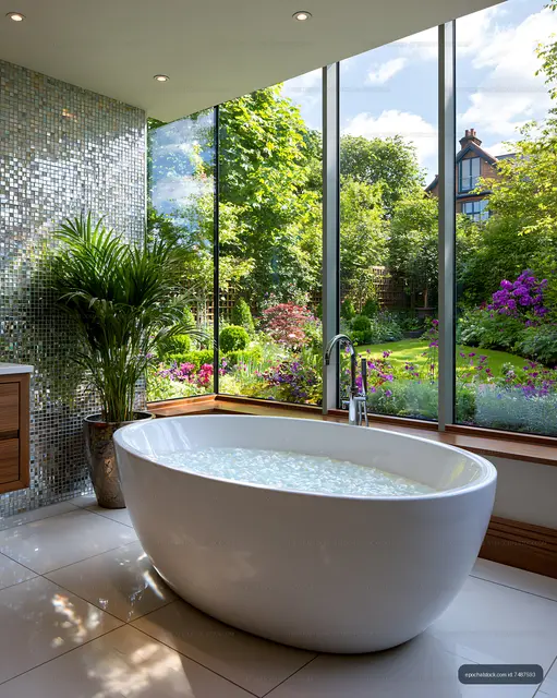 White soaking tub beside windows overlooking a garden