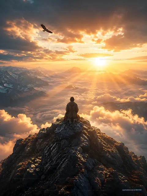 Man sitting on a rock watching the sunrise over mountains