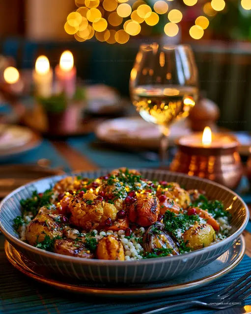 Roasted vegetables and grains in a festive candlelit setting