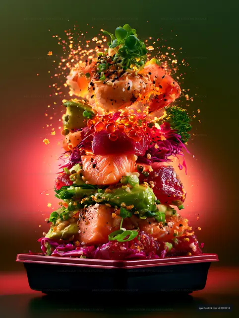 Artistic colorful salmon salad tower with vegetables and greens