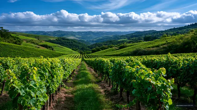 Green vineyard rows leading into a scenic rural valley