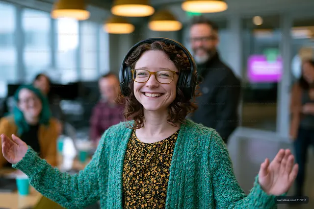 Cheerful woman wearing headphones in a cafe