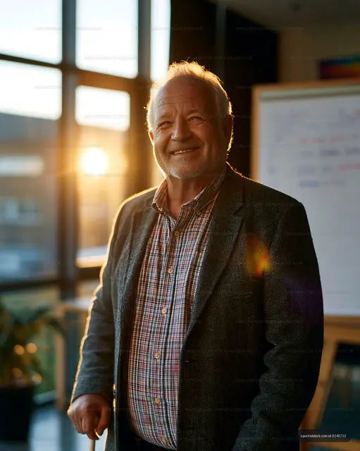 Smiling older man in office with golden window light