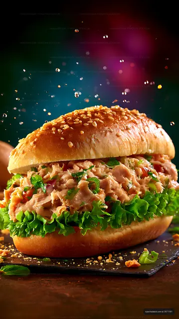 Dramatic close-up of a tuna and lettuce sandwich