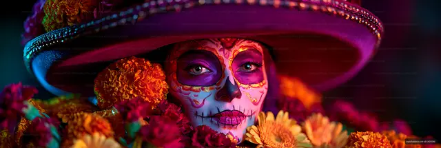 Close-up portrait of colorful skeletal face paint and flowers