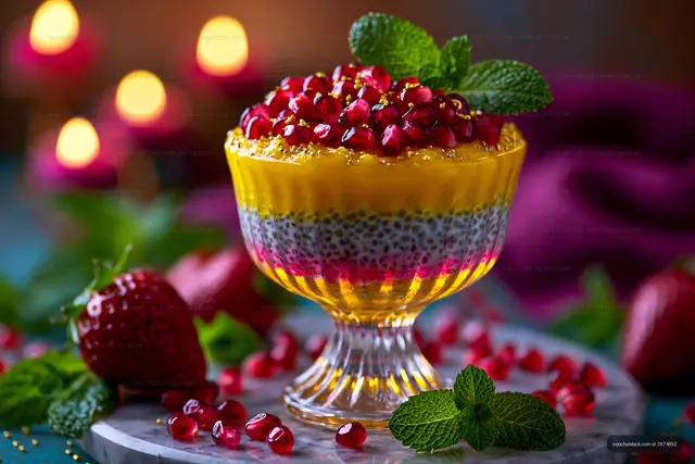 Chia pudding topped with pomegranate, mango and mint