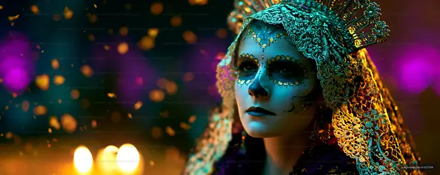 Ornate face-painted woman under colorful dramatic light