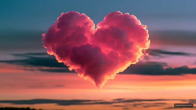 Glowing heart-shaped cloud above sunset clouds