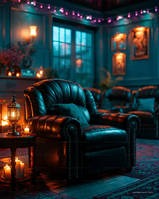Moody lounge with leather armchair and candles