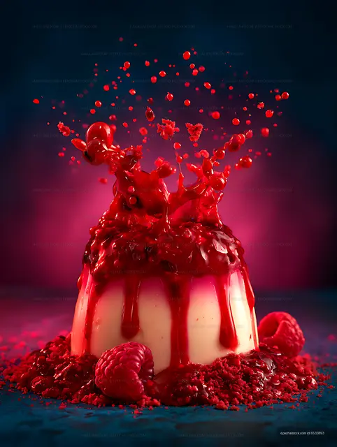 White cake topped with glossy red raspberry splash