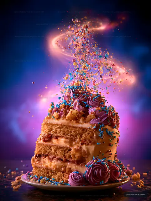 Colorful celebration cake with dramatic flying sprinkles