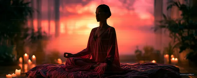 Woman Practicing Meditation in a Candlelit Bedroom at Sunset