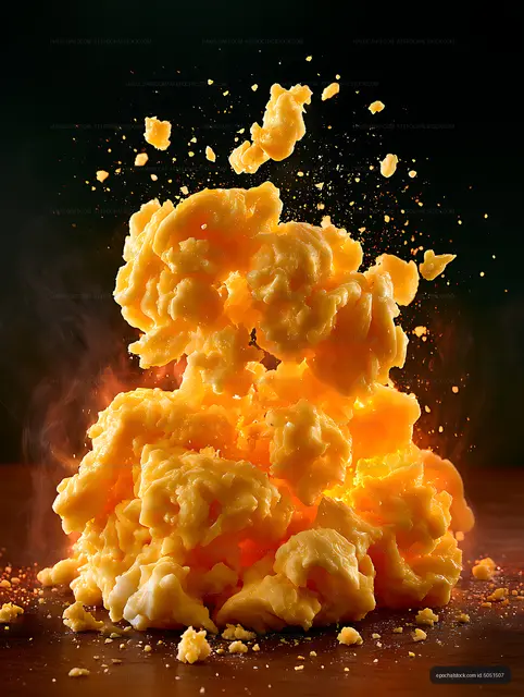 Dramatic melted cheese explosion with flying fragments