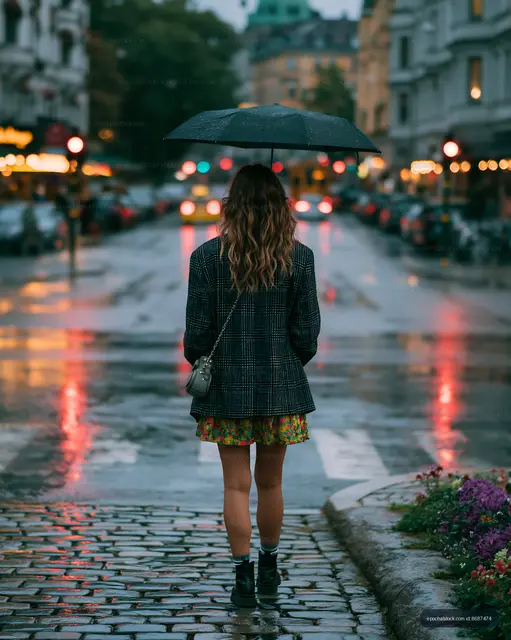 Woman Walking Under Umbrella on Wet Cobblestone Street
