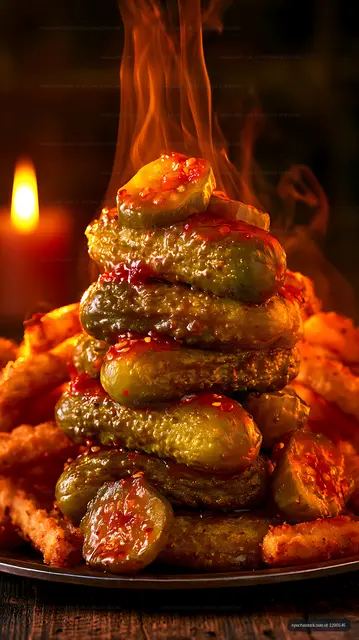 Stacked pickles with sauce and fried food