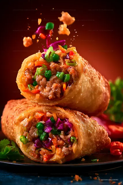 Stacked golden wraps filled with meat and vegetables