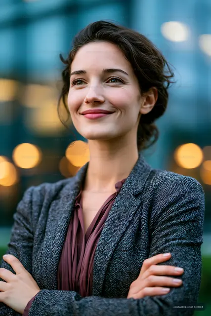 Woman with arms crossed smiling in urban setting