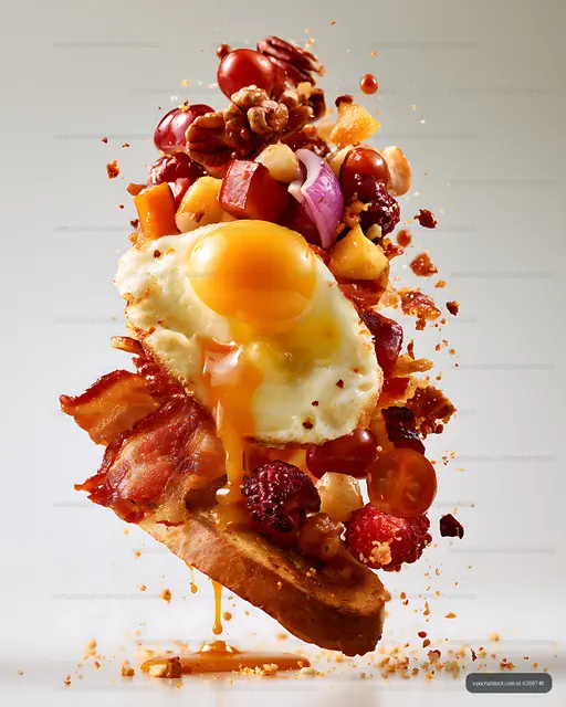 Surreal breakfast toast with fried eggs and colorful toppings