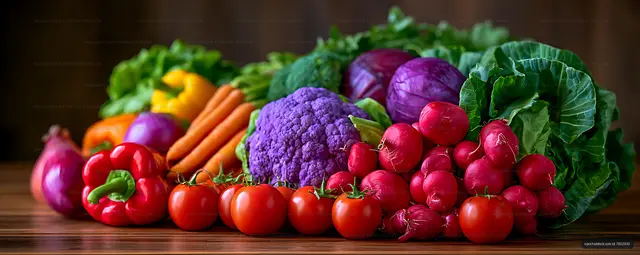 Vibrant fresh vegetable assortment on a wooden tabletop