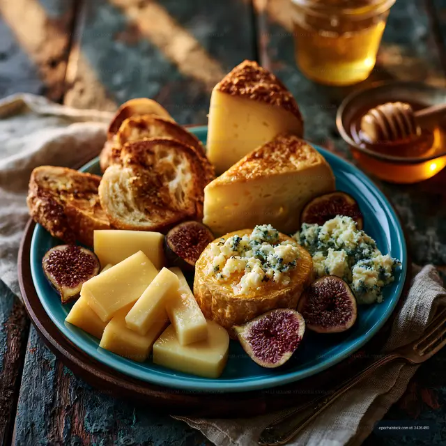Assorted cheeses and figs served with bread and honey