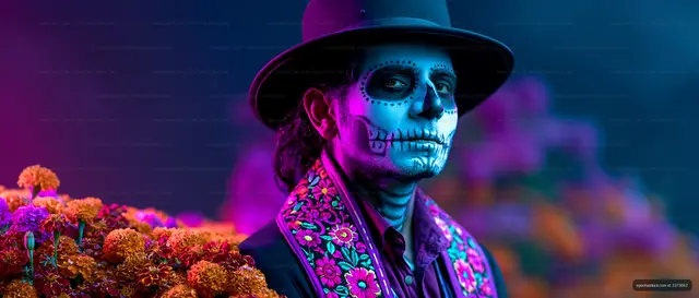 Face-painted man wearing a hat and floral jacket