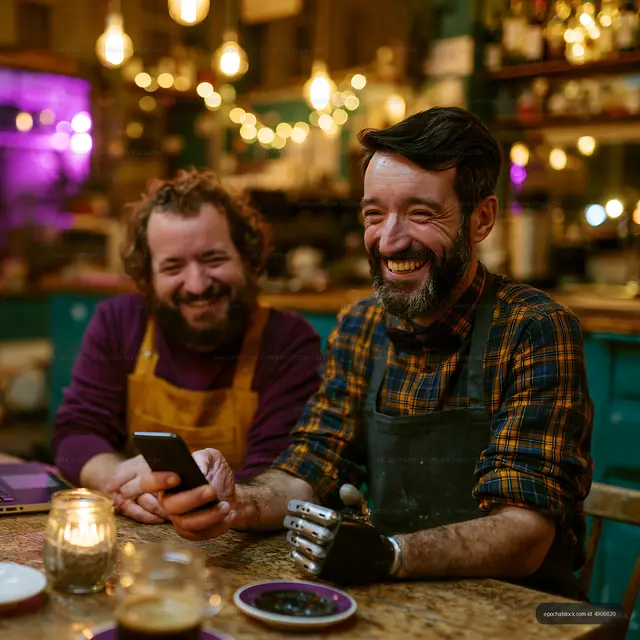 Two friends laughing together in a warmly lit cafe