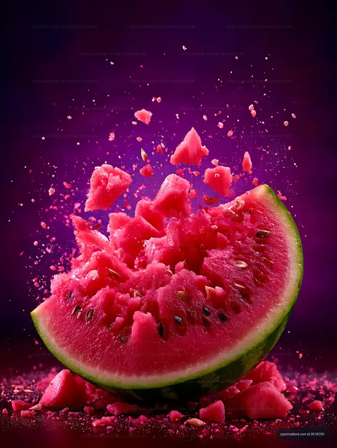 Dramatic watermelon burst on a purple background