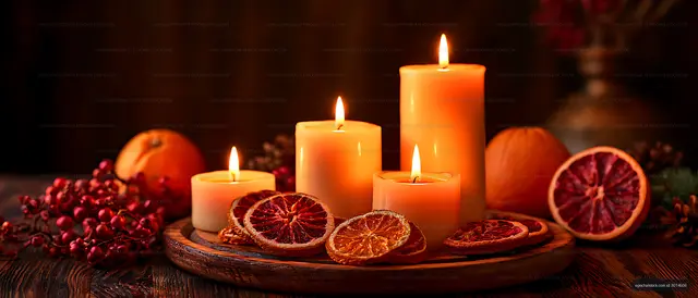 Four glowing candles in a rustic citrus arrangement