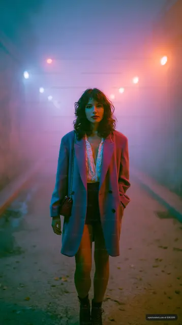Fashion portrait of woman beneath blue pink and orange lights