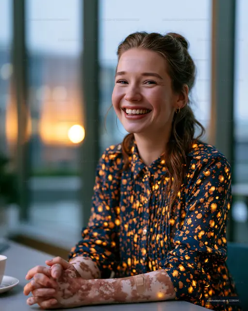 Close portrait of a smiling woman in a warm interior
