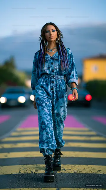 Woman wearing blue streetwear on a city road