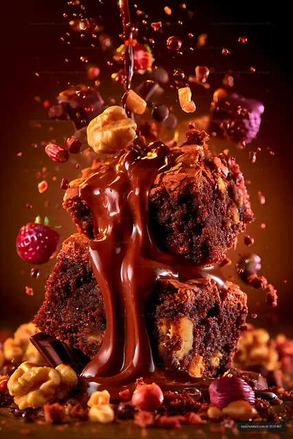 Close-up chocolate cake with cascading sauce and scattered toppings