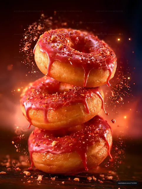 Colorful glazed doughnut stack with scattered crumbs