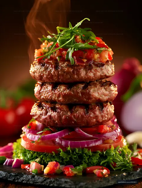 Gourmet stacked hamburger with fresh vegetables and leafy greens