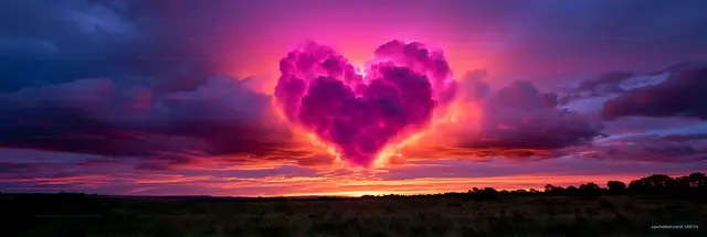 Magenta heart cloud over a vivid sunset field