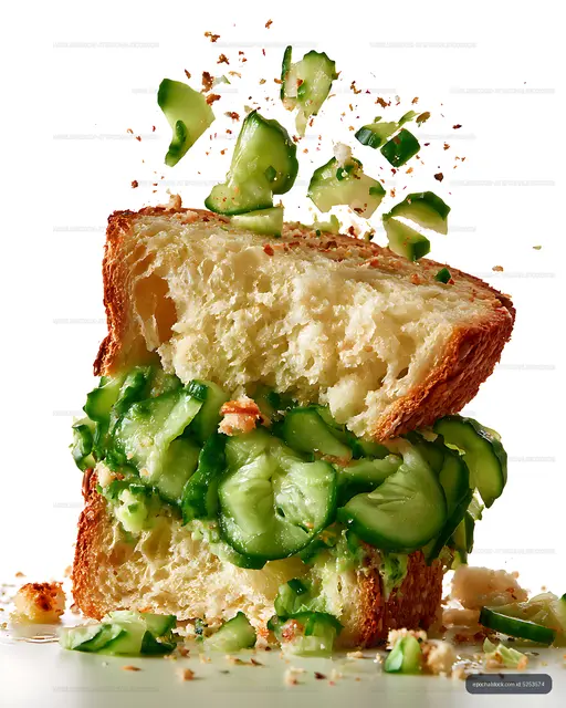 Rustic cucumber sandwich with scattered pieces and crumbs