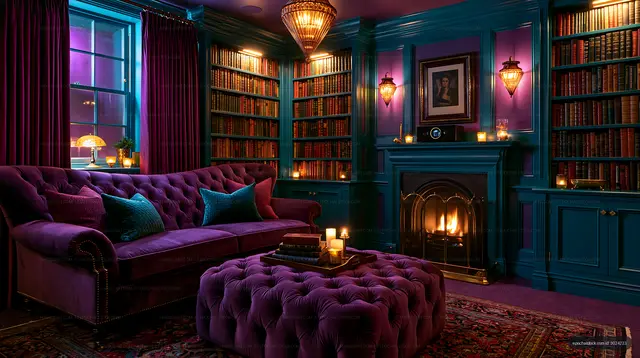Moody jewel-toned library interior with fireplace and books