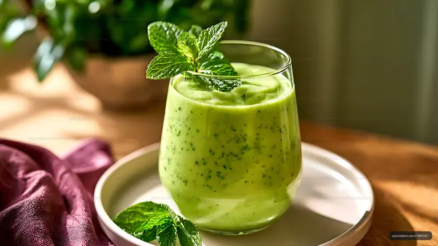 Green mint beverage served in a clear glass