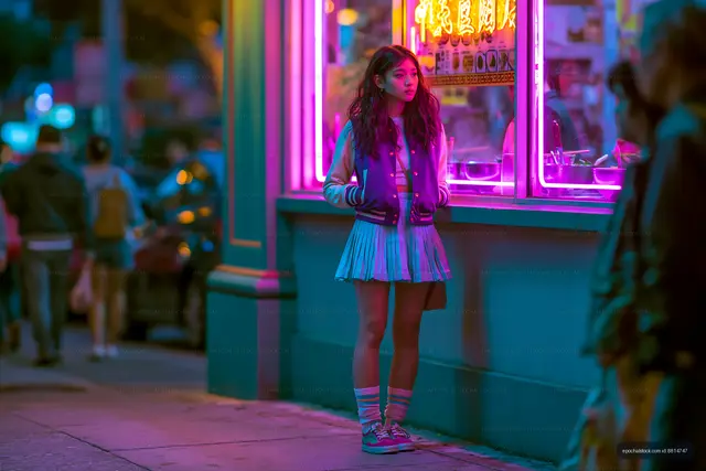 Young woman on a neon-lit city sidewalk at night