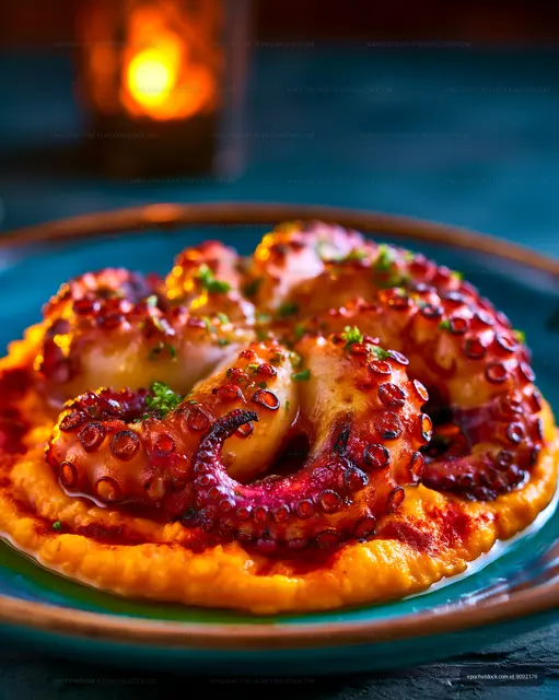 Grilled octopus tentacles on colorful flatbread