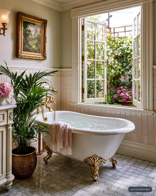 Freestanding bathtub in a bright bathroom overlooking a garden